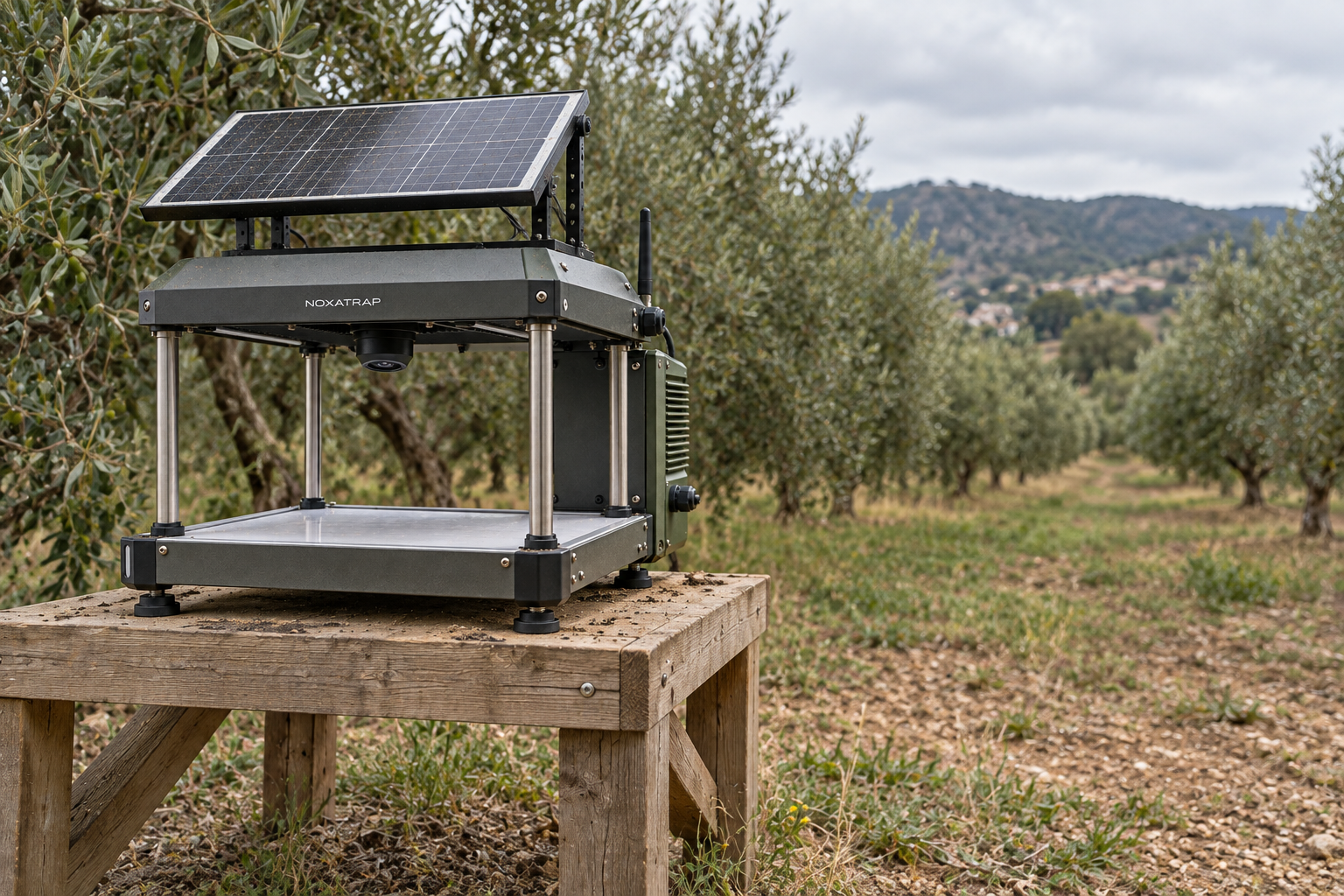 Solar-powered NOXATRAP device installed beside an orchard