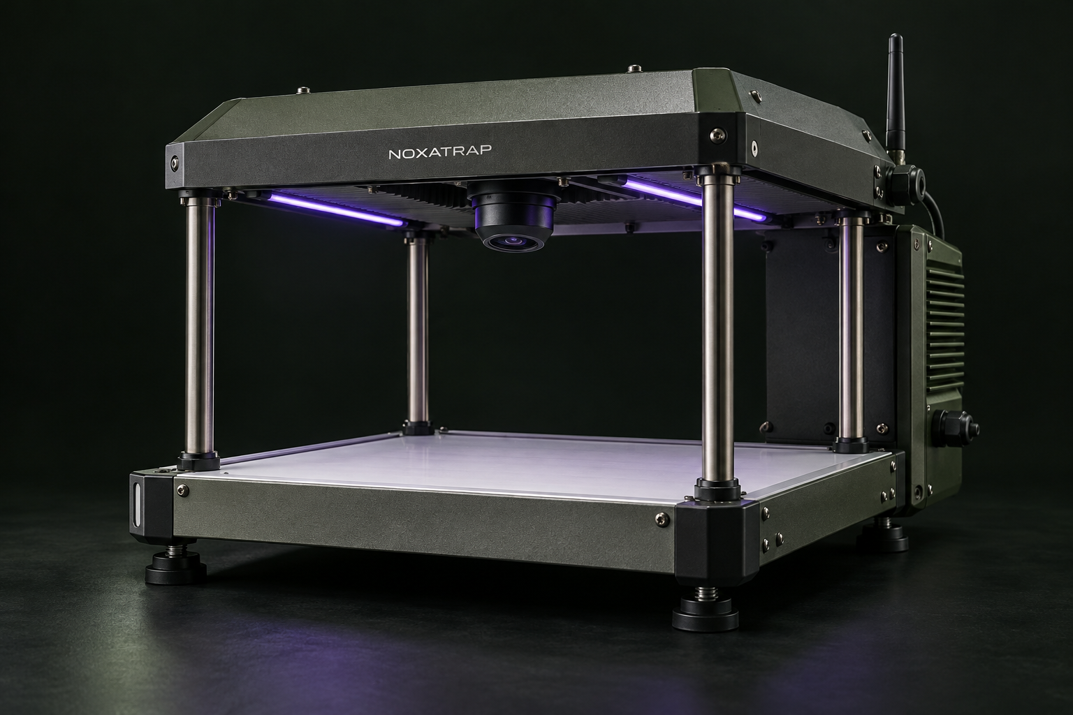 NOXATRAP Node prototype with a protective canopy, downward-facing camera, observation surface and electronics enclosure