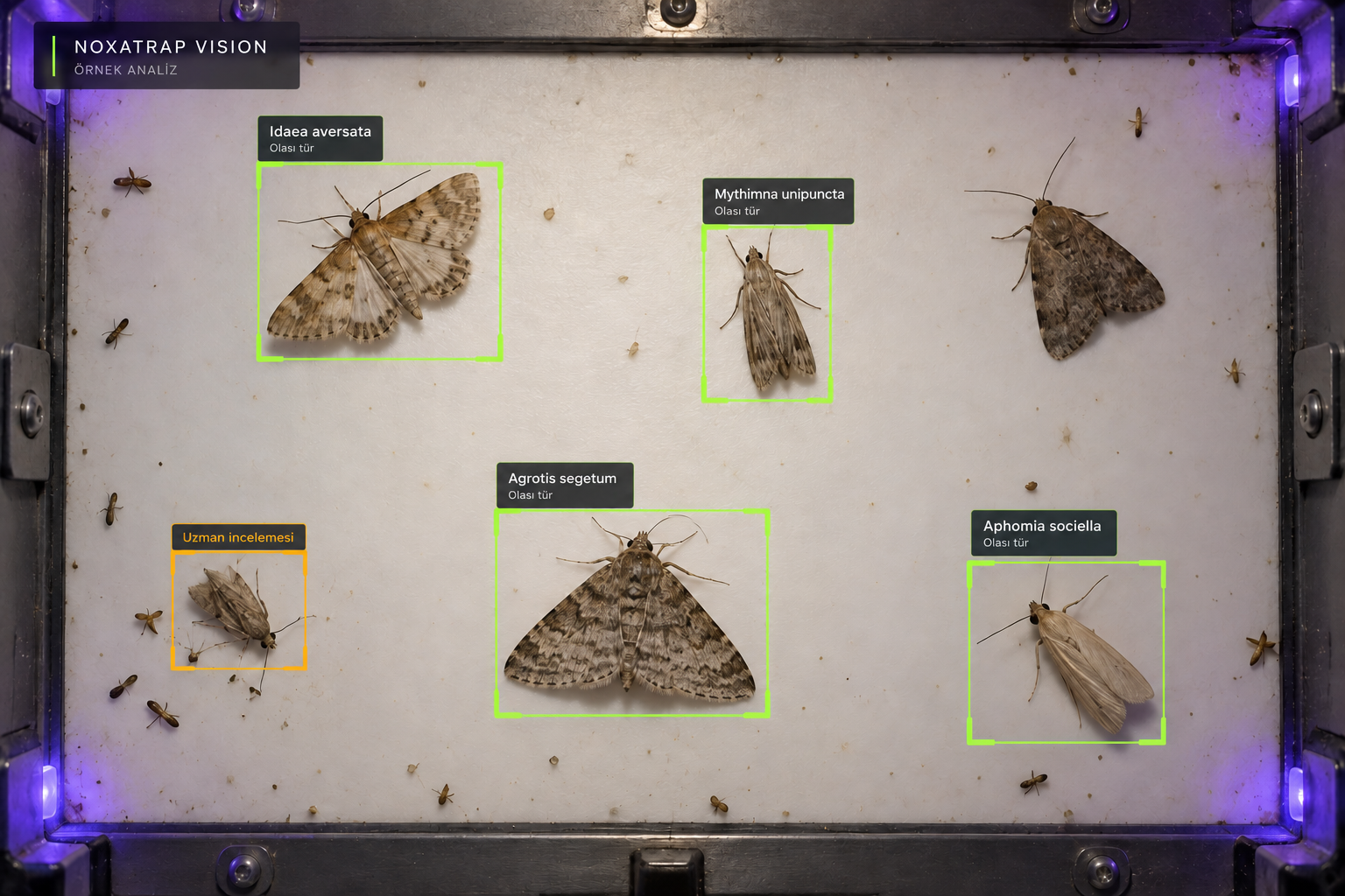 Moths on the device observation surface with AI detection boxes, possible species labels and expert review markers
